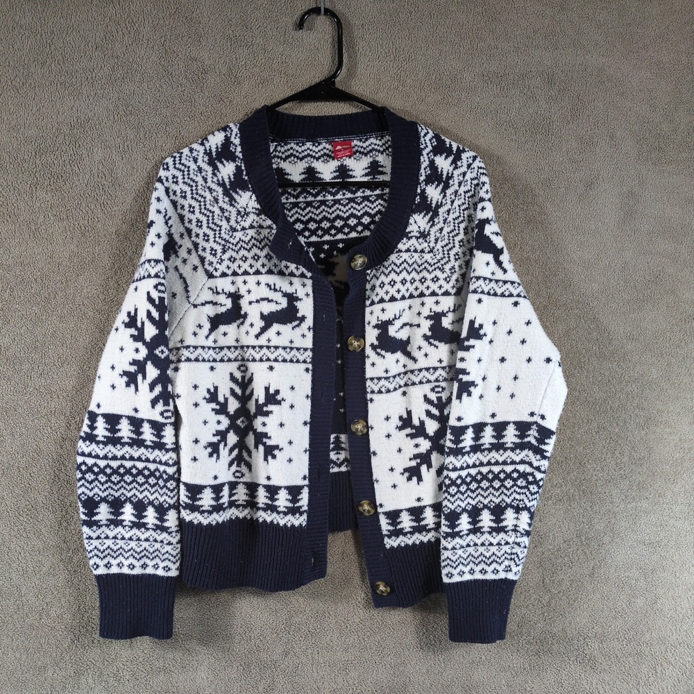 Dec. 25th Womens Fair Isle Christmas Cardigan Navy White Reindeer Snowflake L